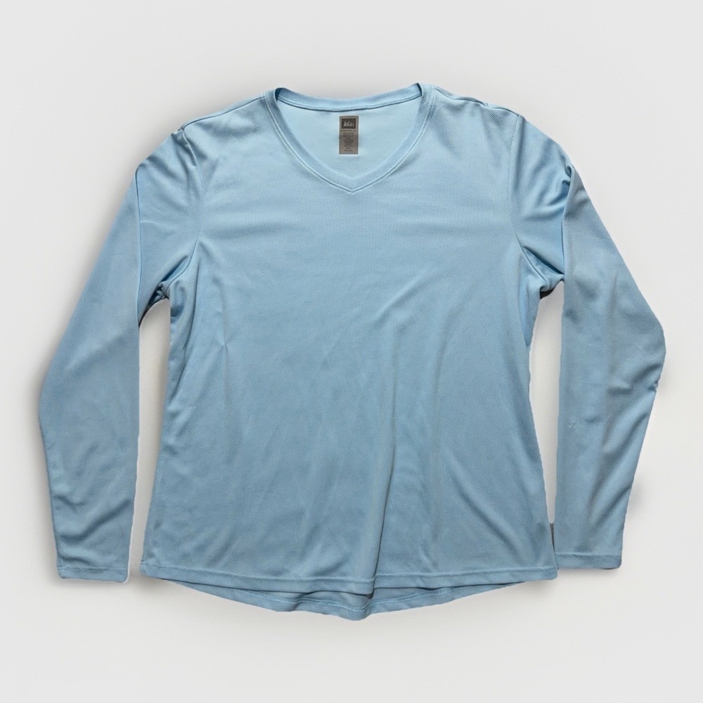 REI Womens XL Blue V Neck Long Sleeve Performance Shirt Hiking Outdoors Active